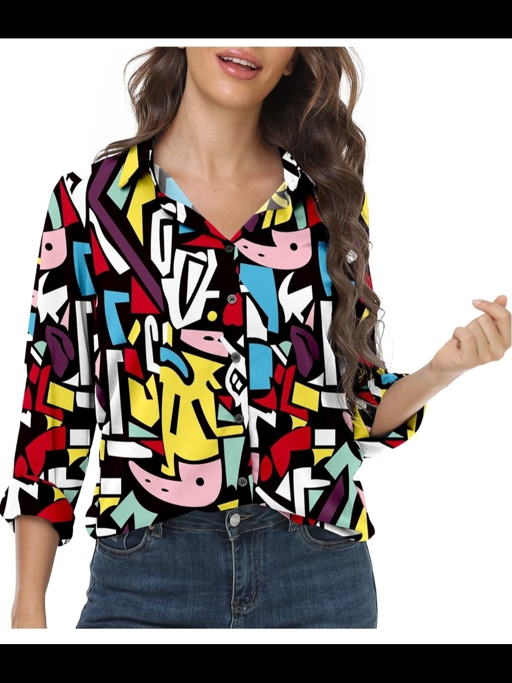 Geometric Abstract Button-Down Shirt in Black Multicolor